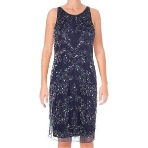 Adrianna Papell NEW Twilight Blue Sleeveless Halter Beaded Short Dress Womens 4
